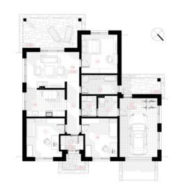 "Agate"'ir vienstavīga vienslīpju jumta dzīvojamā māja ar garāžu un trim istabām, paredzēta 3-4 cilvēku ģimenei